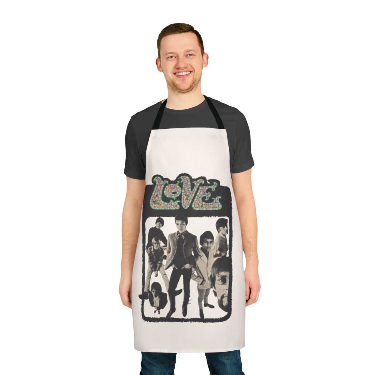 Vintage-style apron featuring psychedelic rock design inspired by the band Love and their 1960s album "Forever Changes"