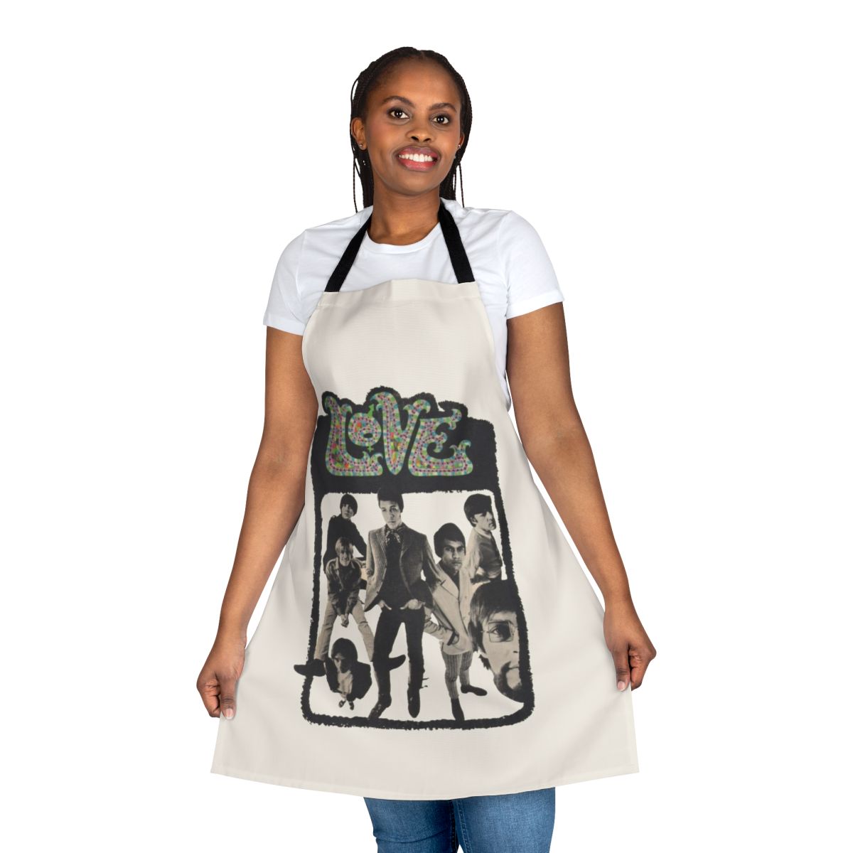 Vintage-style apron featuring psychedelic rock design inspired by the band Love and their 1960s album "Forever Changes"