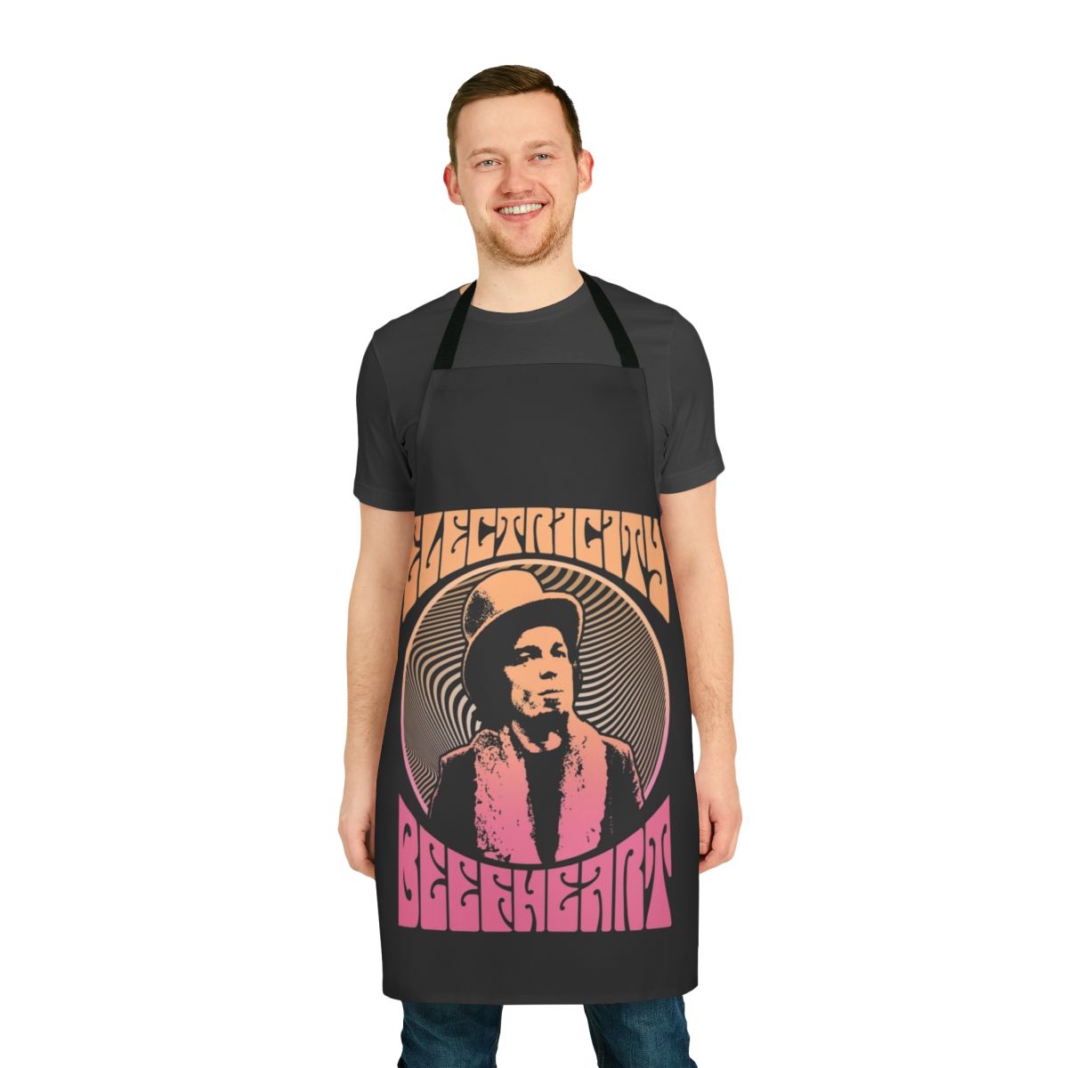 Vibrant psychedelic rock-themed apron inspired by the music of Captain Beefheart