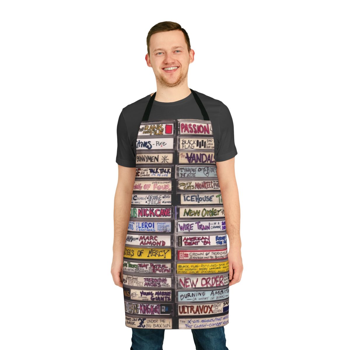 Retro-style apron featuring a punk cassette tape design