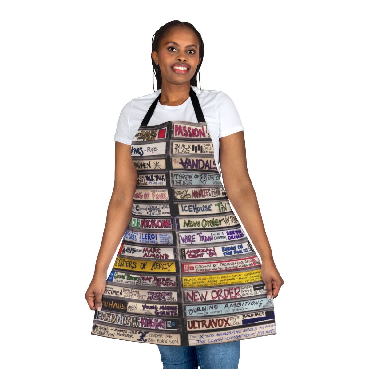 Retro-style apron featuring a punk cassette tape design