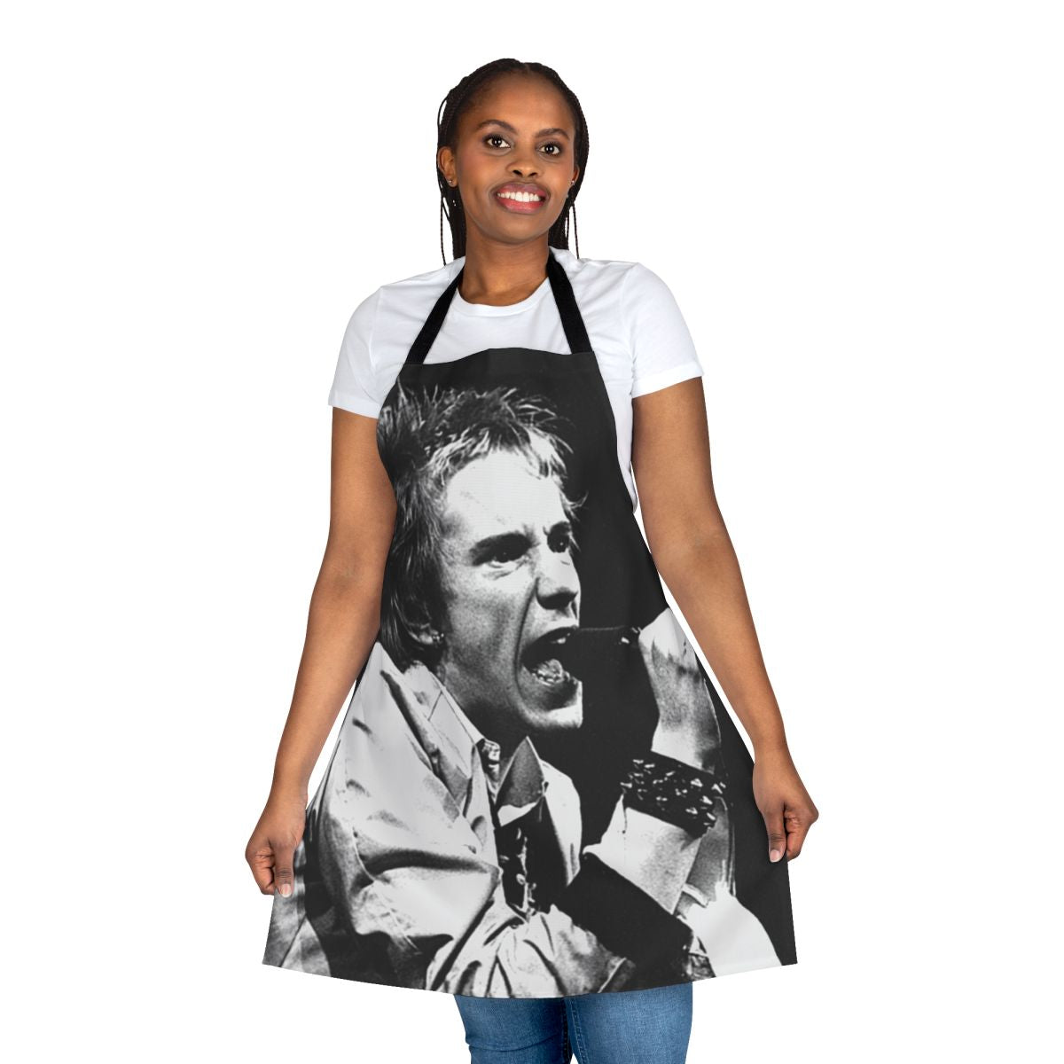 Retro punk rock 80s style apron with graphic design