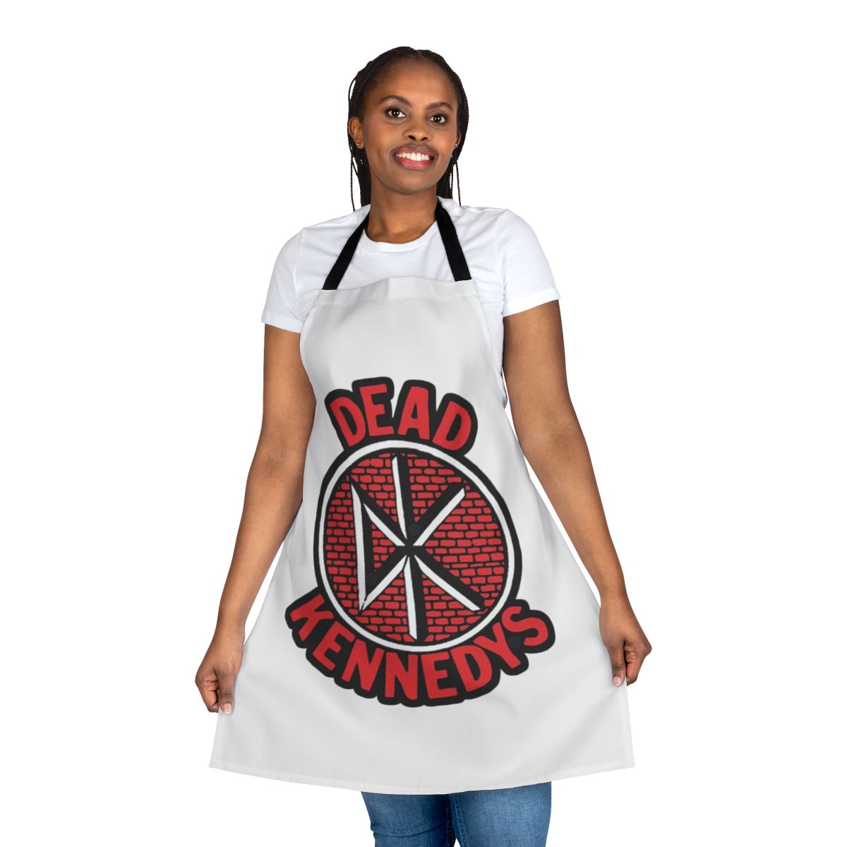 Retro punk rock band apron featuring bold American punk design