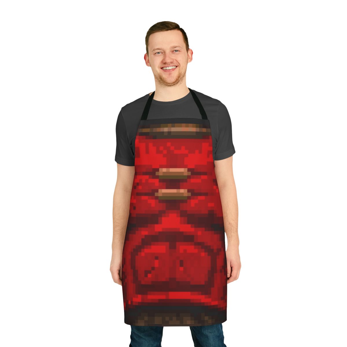 A stylized pixel art apron depicting the iconic red armor from the classic first-person shooter game Quake.