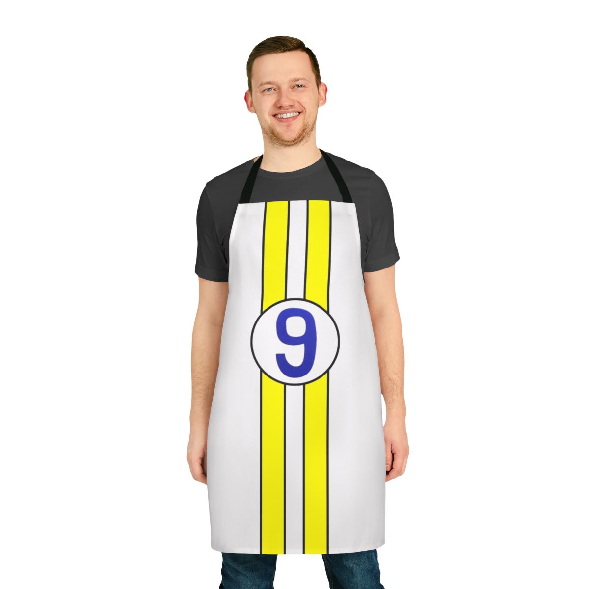 Retro racing-inspired apron featuring a Speed Racer-style car and star design