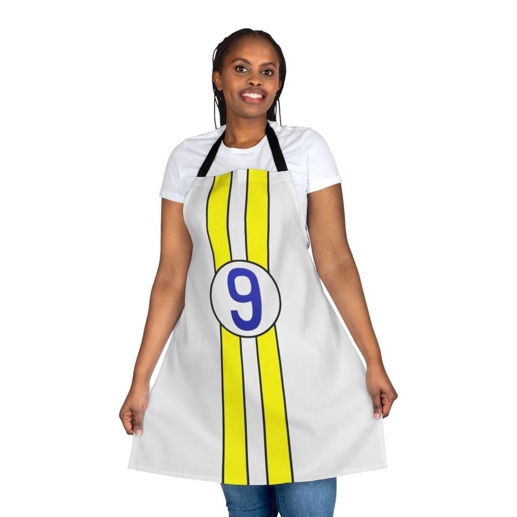 Retro racing-inspired apron featuring a Speed Racer-style car and star design