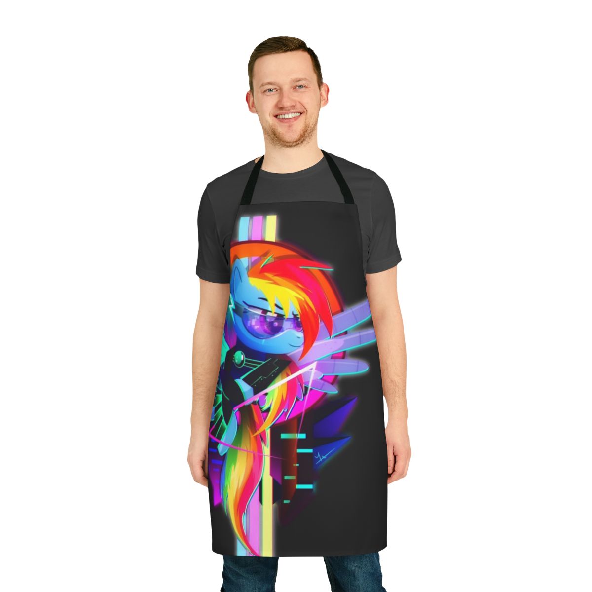 A colorful, synthwave-inspired apron featuring the character Rainbow Dash from My Little Pony: Friendship is Magic.