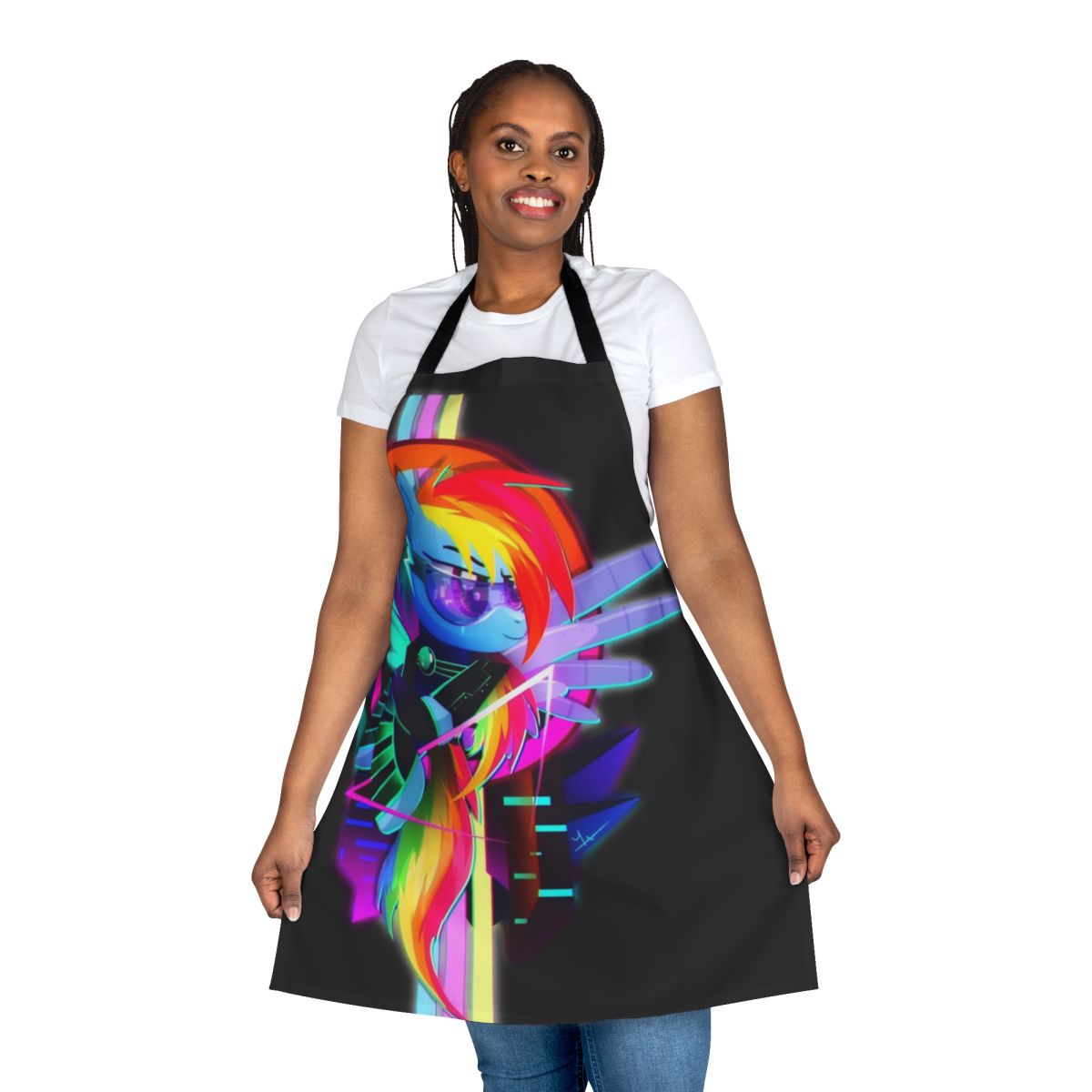 A colorful, synthwave-inspired apron featuring the character Rainbow Dash from My Little Pony: Friendship is Magic.