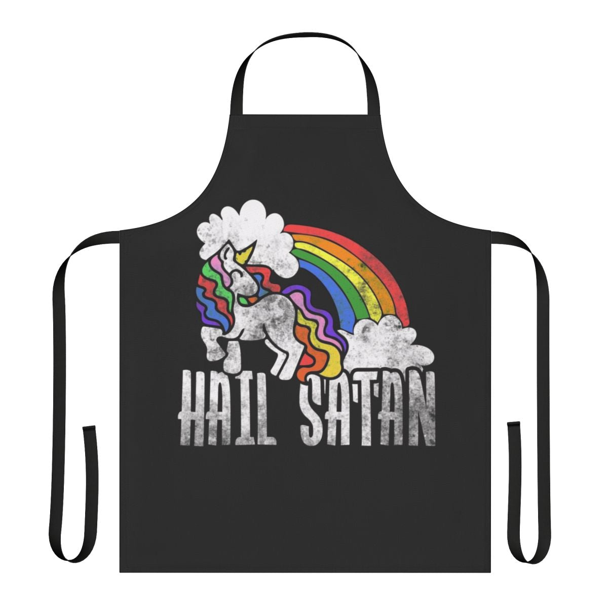 Retro rainbow unicorn apron with "Hail Satan" text