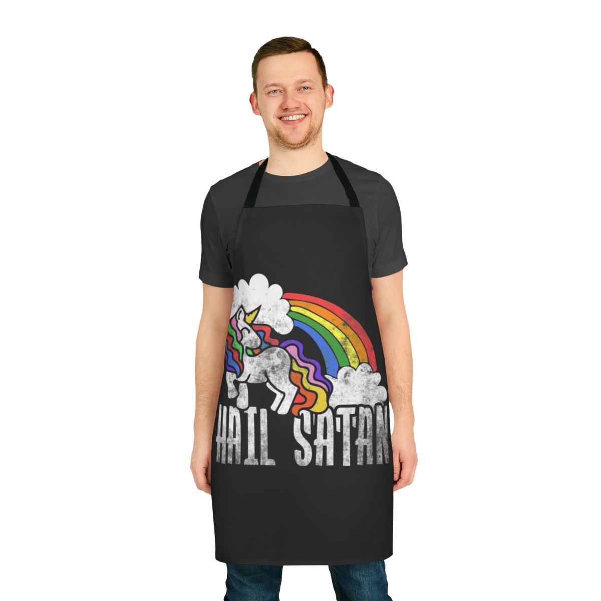 Retro rainbow unicorn apron with "Hail Satan" text