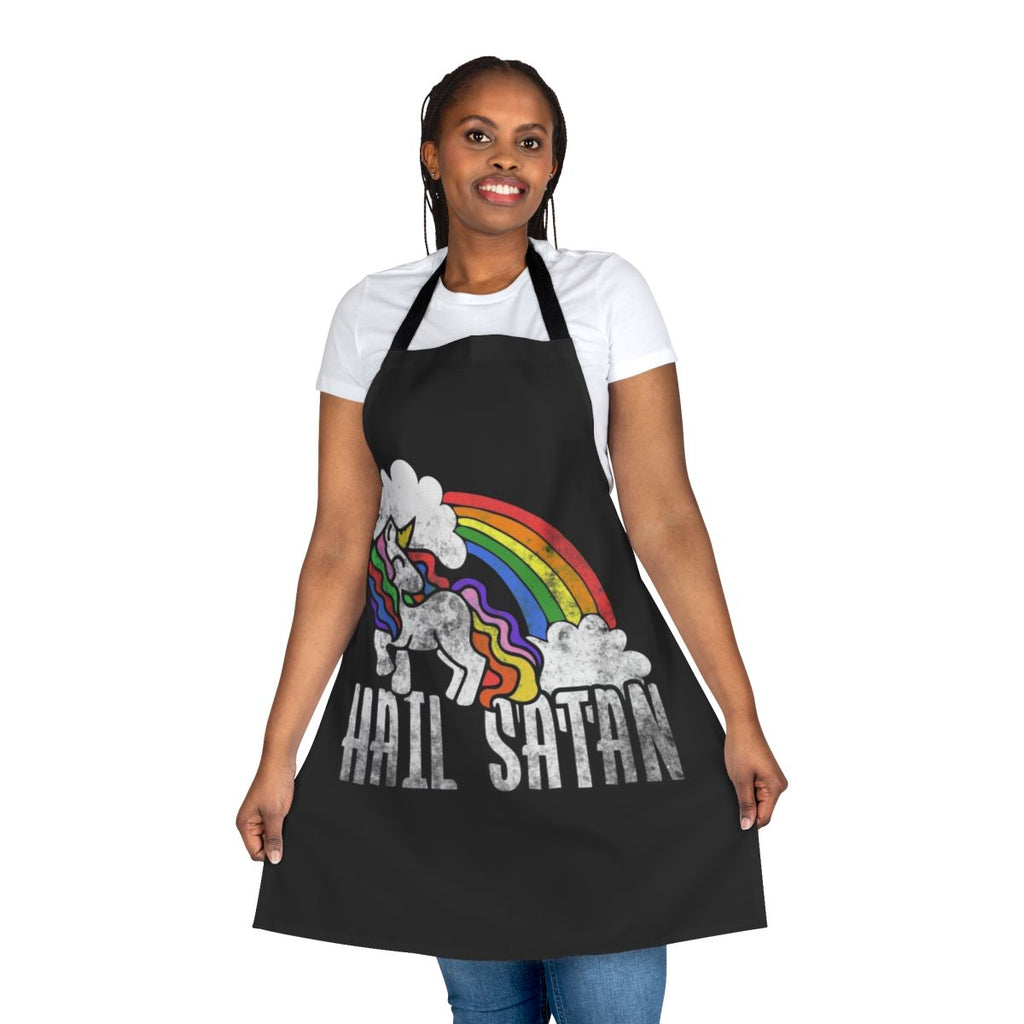 Retro rainbow unicorn apron with "Hail Satan" text
