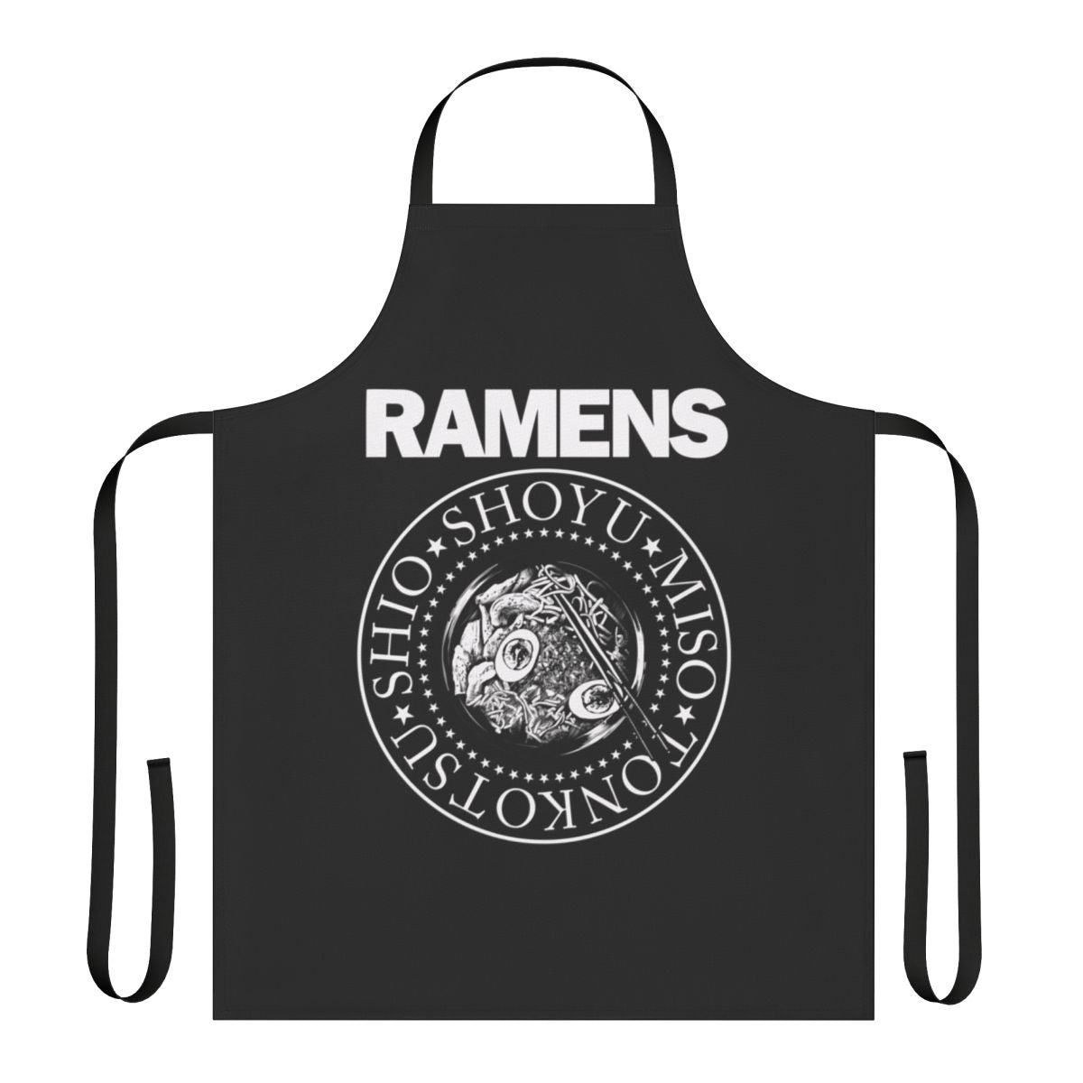A retro-style apron featuring a punk rock music and ramen noodle design