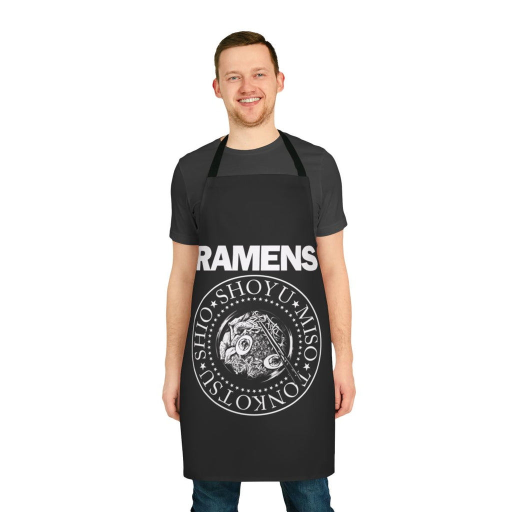 A retro-style apron featuring a punk rock music and ramen noodle design