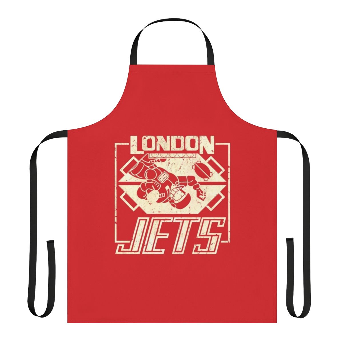 Red Dwarf London Jets themed apron with distressed, vintage-style design