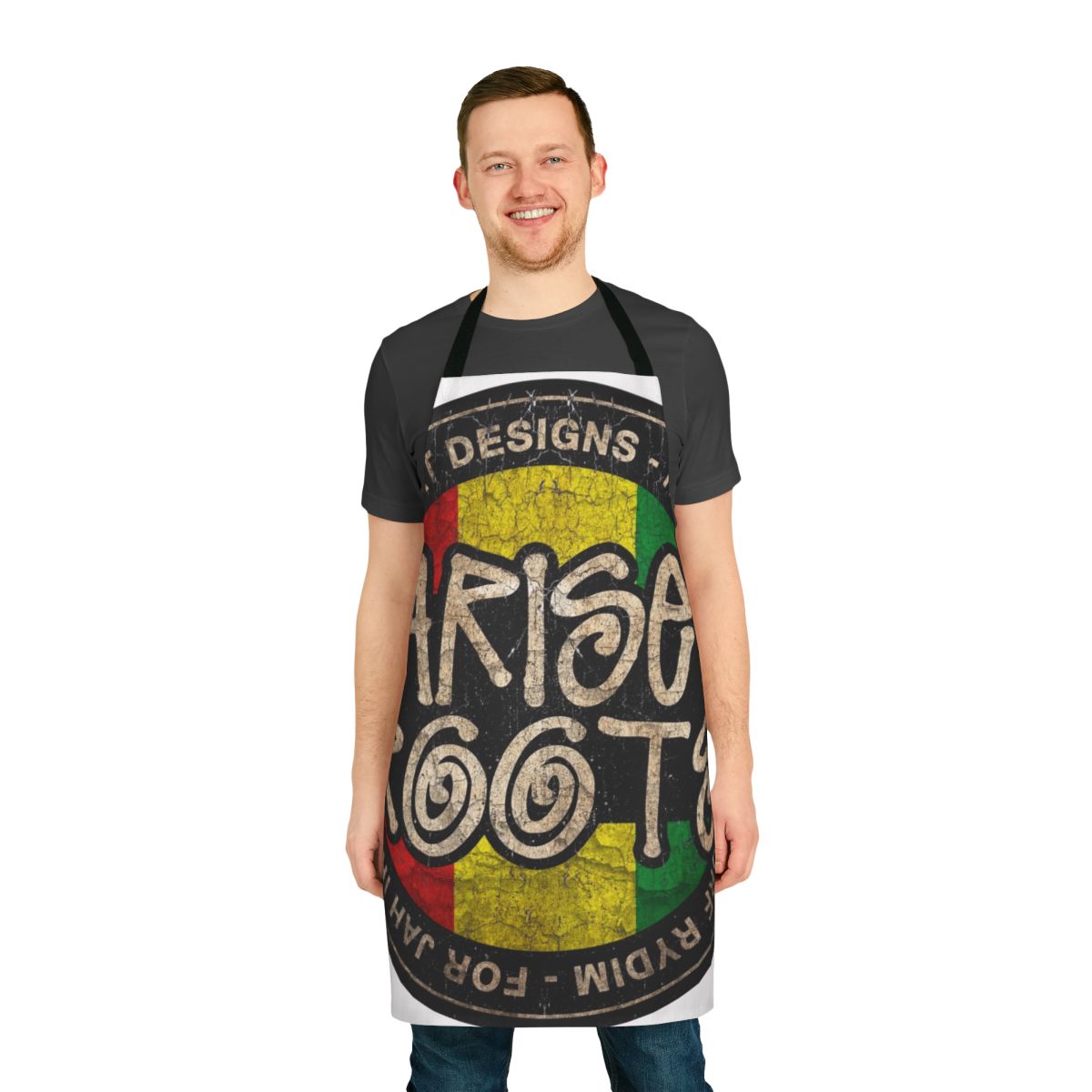 Vintage-style reggae-inspired apron with roots, music, and festival design