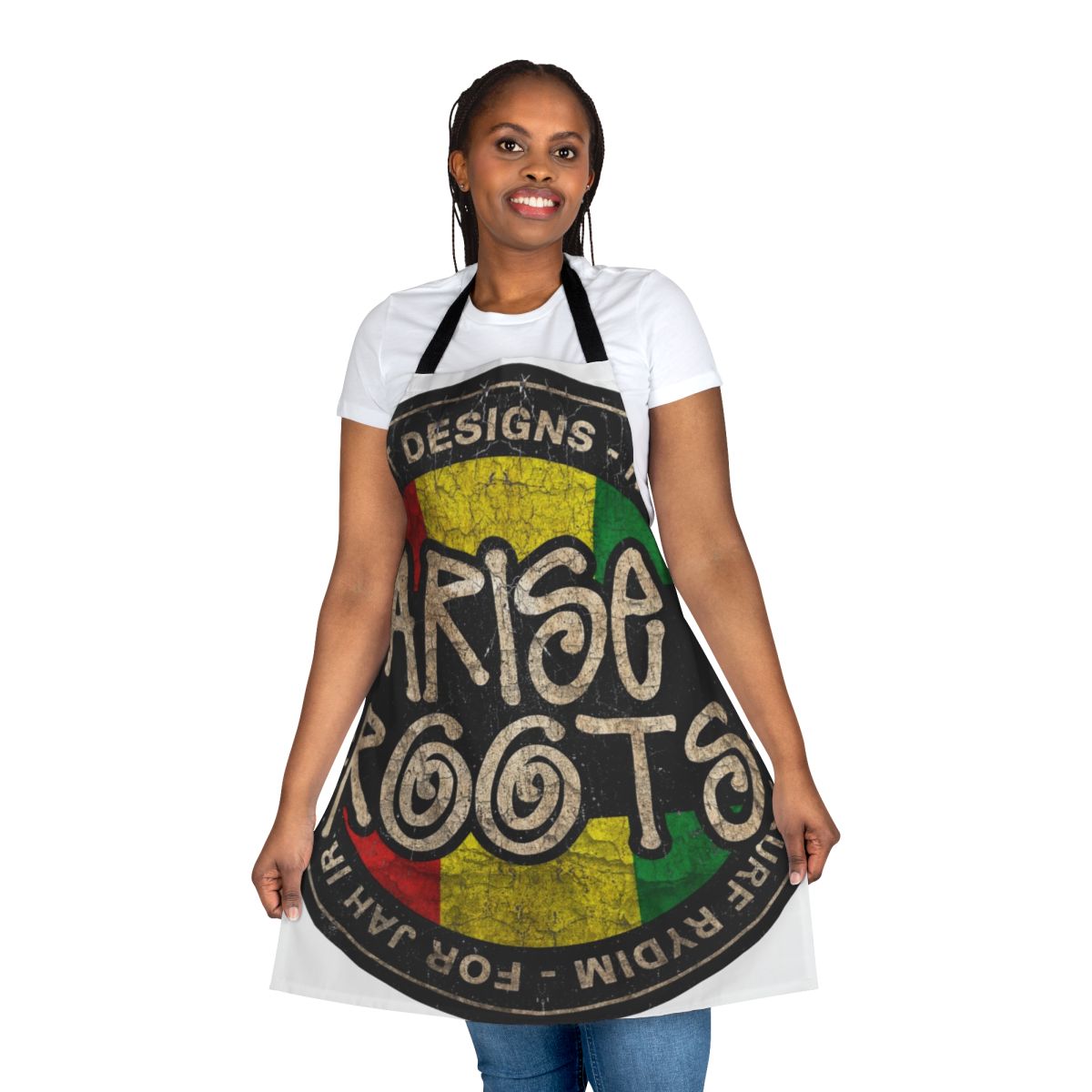 Vintage-style reggae-inspired apron with roots, music, and festival design