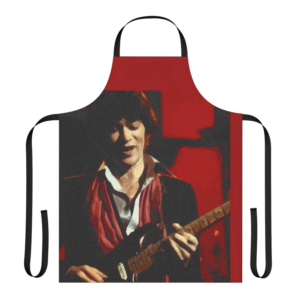 Red and black graphic apron featuring musician Robbie Robertson of the band The Band