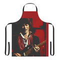 Red and black graphic apron featuring musician Robbie Robertson of the band The Band
