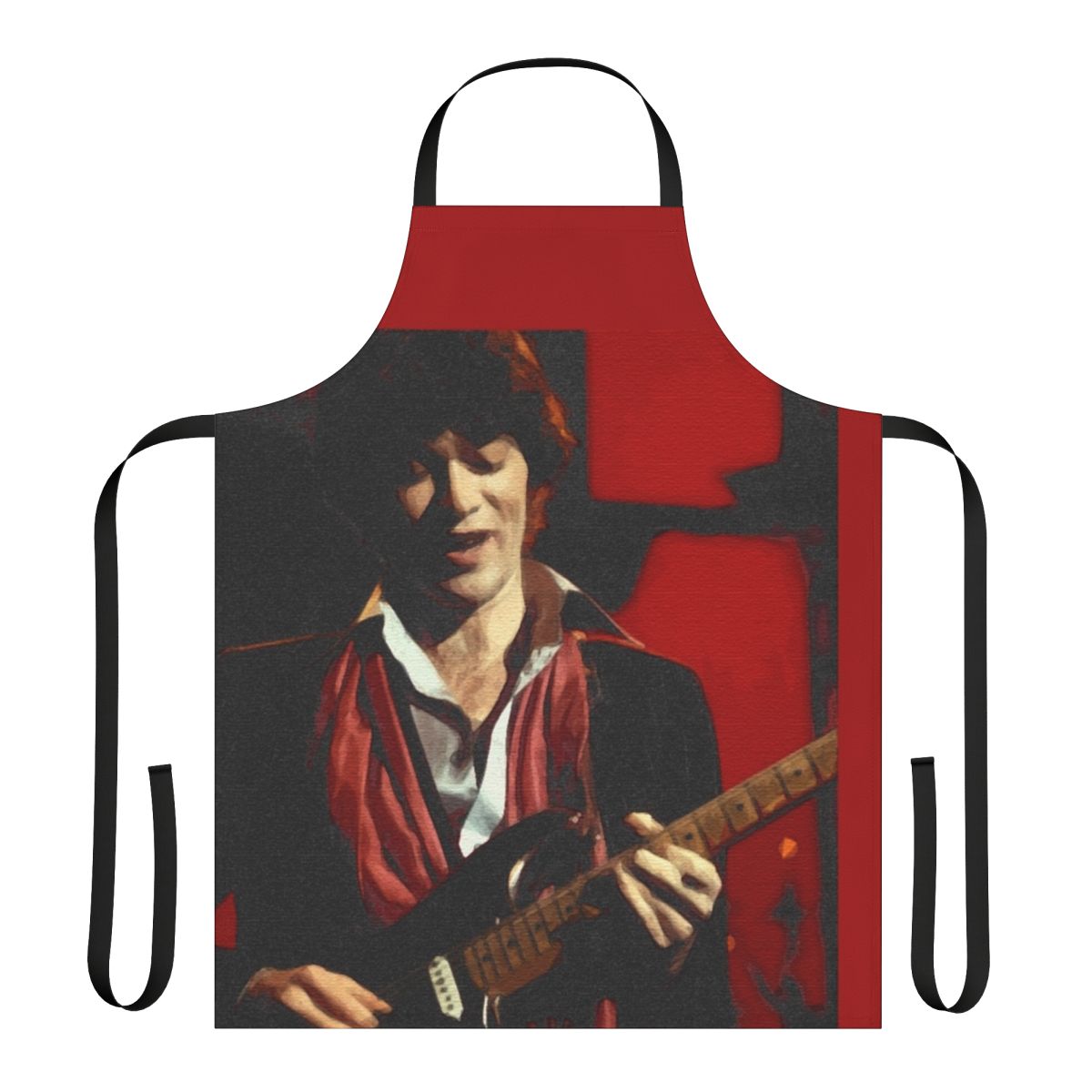 Red and black graphic apron featuring musician Robbie Robertson of the band The Band