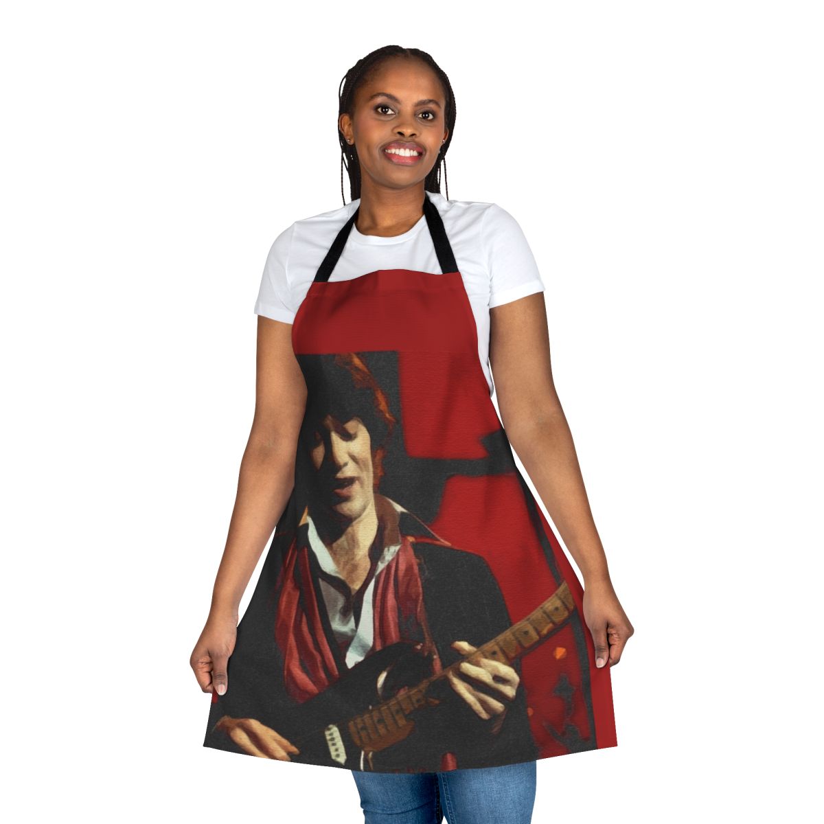 Red and black graphic apron featuring musician Robbie Robertson of the band The Band