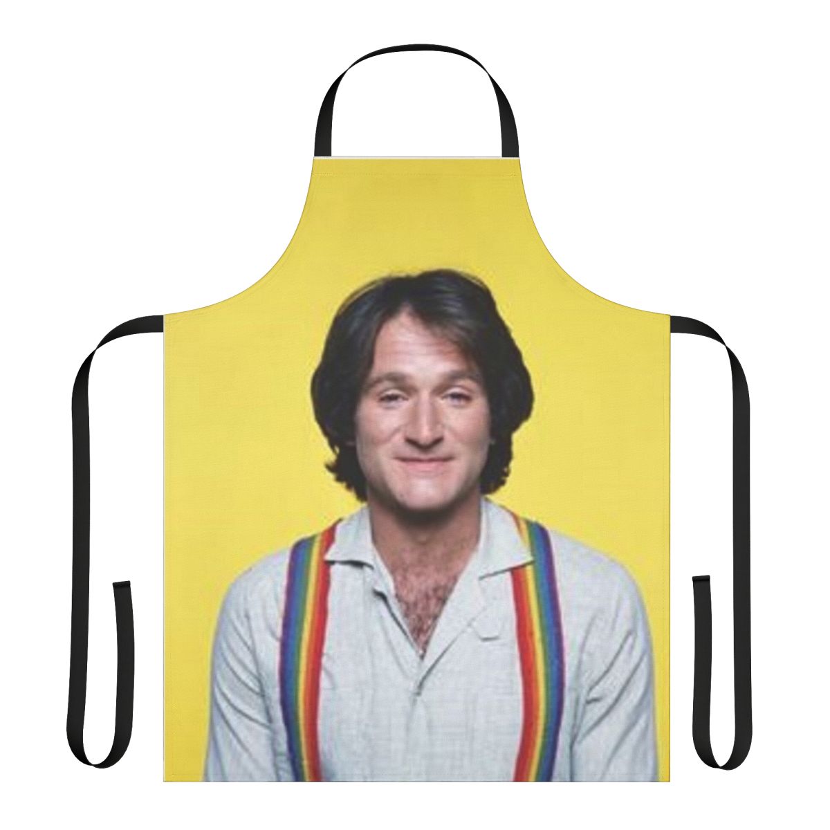 Retro-style apron featuring an illustration of comedian Robin Williams as the character Mork from the TV show Mork & Mindy.