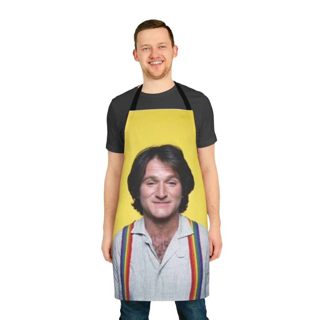 Retro-style apron featuring an illustration of comedian Robin Williams as the character Mork from the TV show Mork & Mindy.