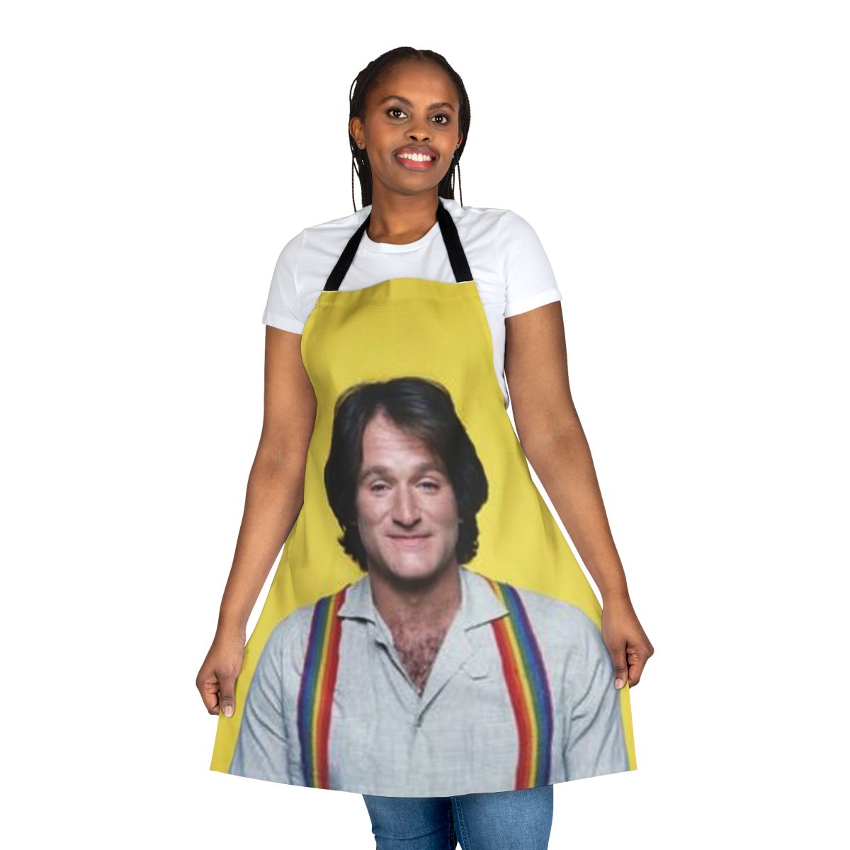 Retro-style apron featuring an illustration of comedian Robin Williams as the character Mork from the TV show Mork & Mindy.