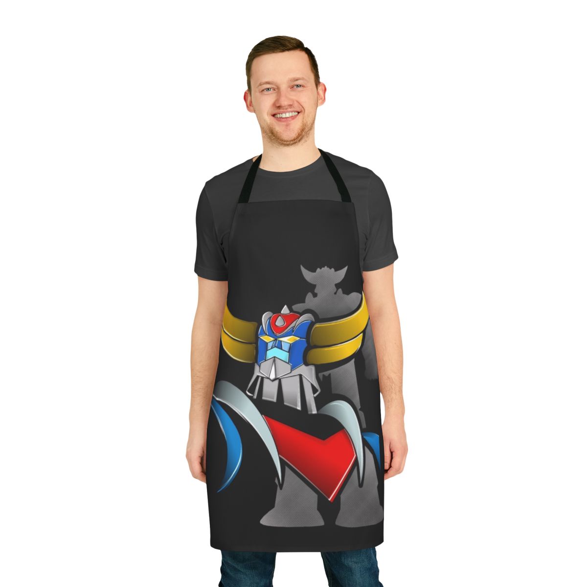 Vintage-style apron featuring the classic anime robot characters Goldorak and Grendizer.