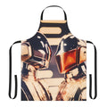 A colorful kitchen apron featuring a robot design inspired by 1970s disco pop music
