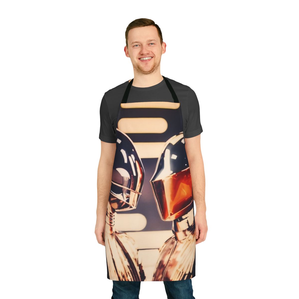 A colorful kitchen apron featuring a robot design inspired by 1970s disco pop music