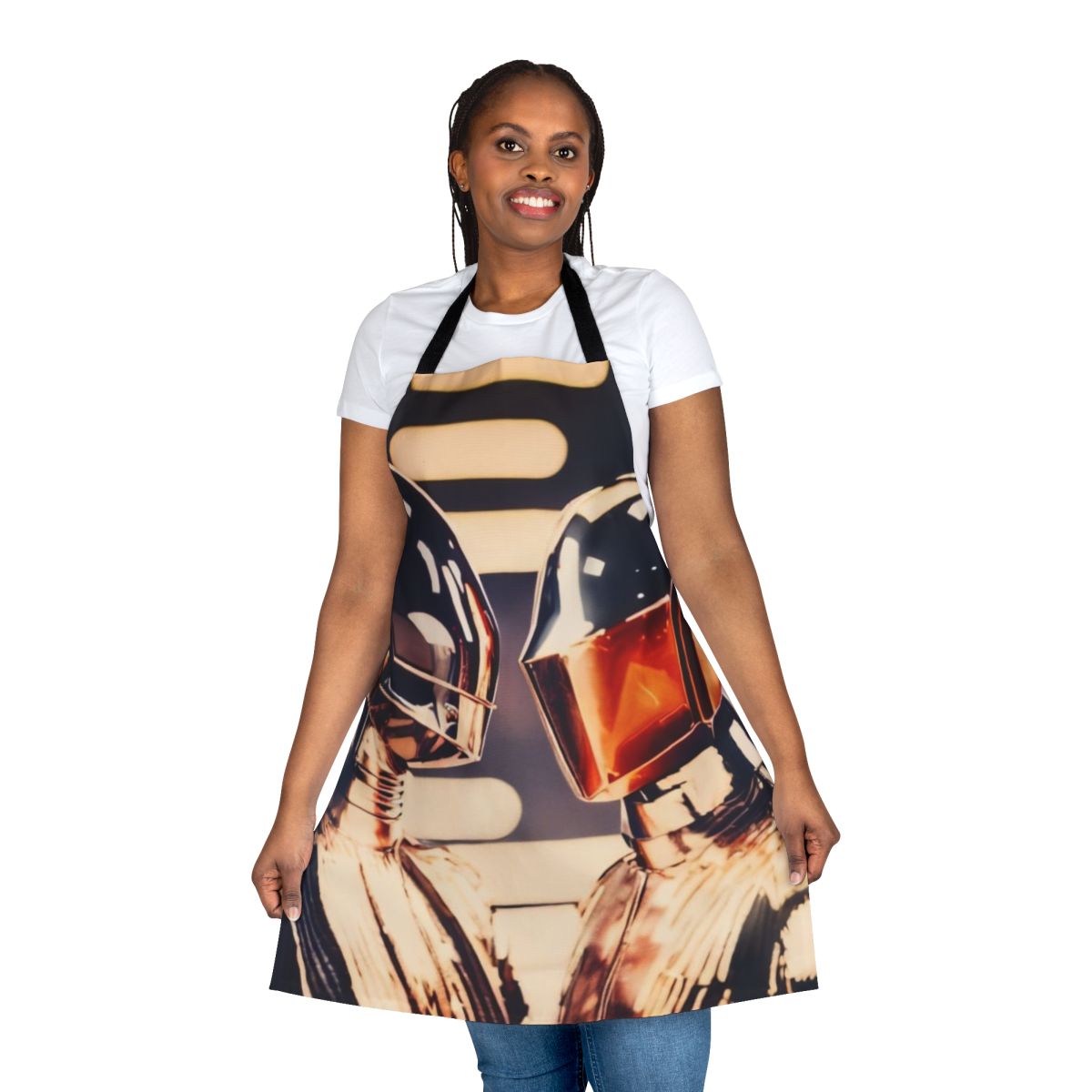 A colorful kitchen apron featuring a robot design inspired by 1970s disco pop music