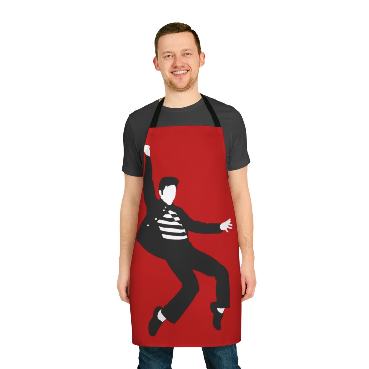 Minimalist art apron featuring a rock and roll, jailhouse-inspired design with the iconic King of Rock and Roll, Elvis Presley.
