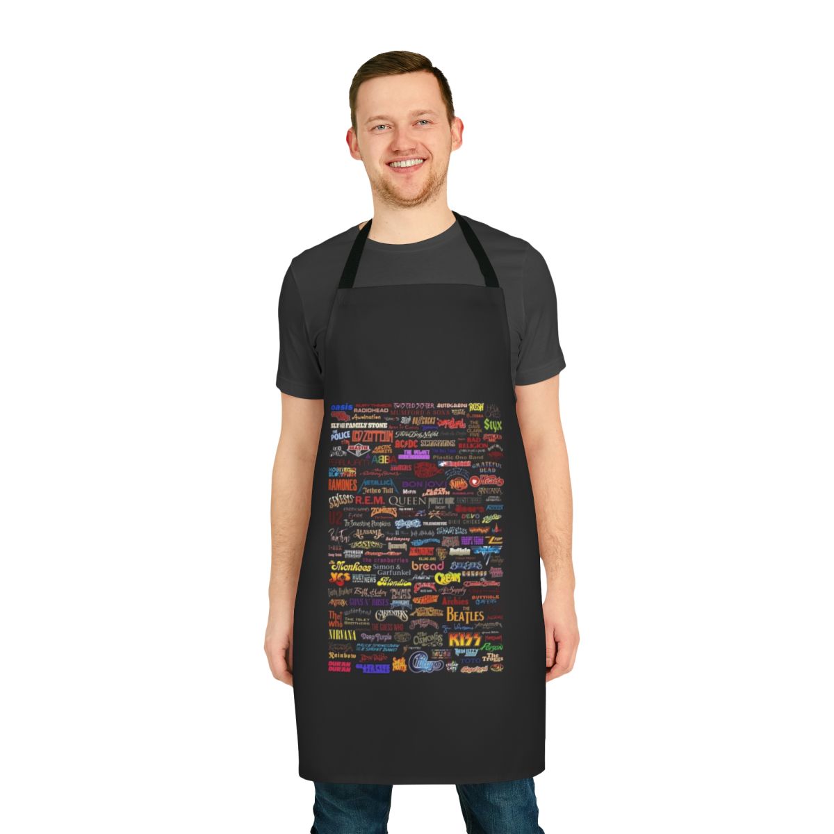 Retro rock bands poster apron featuring a vibrant, vintage-inspired album cover art design