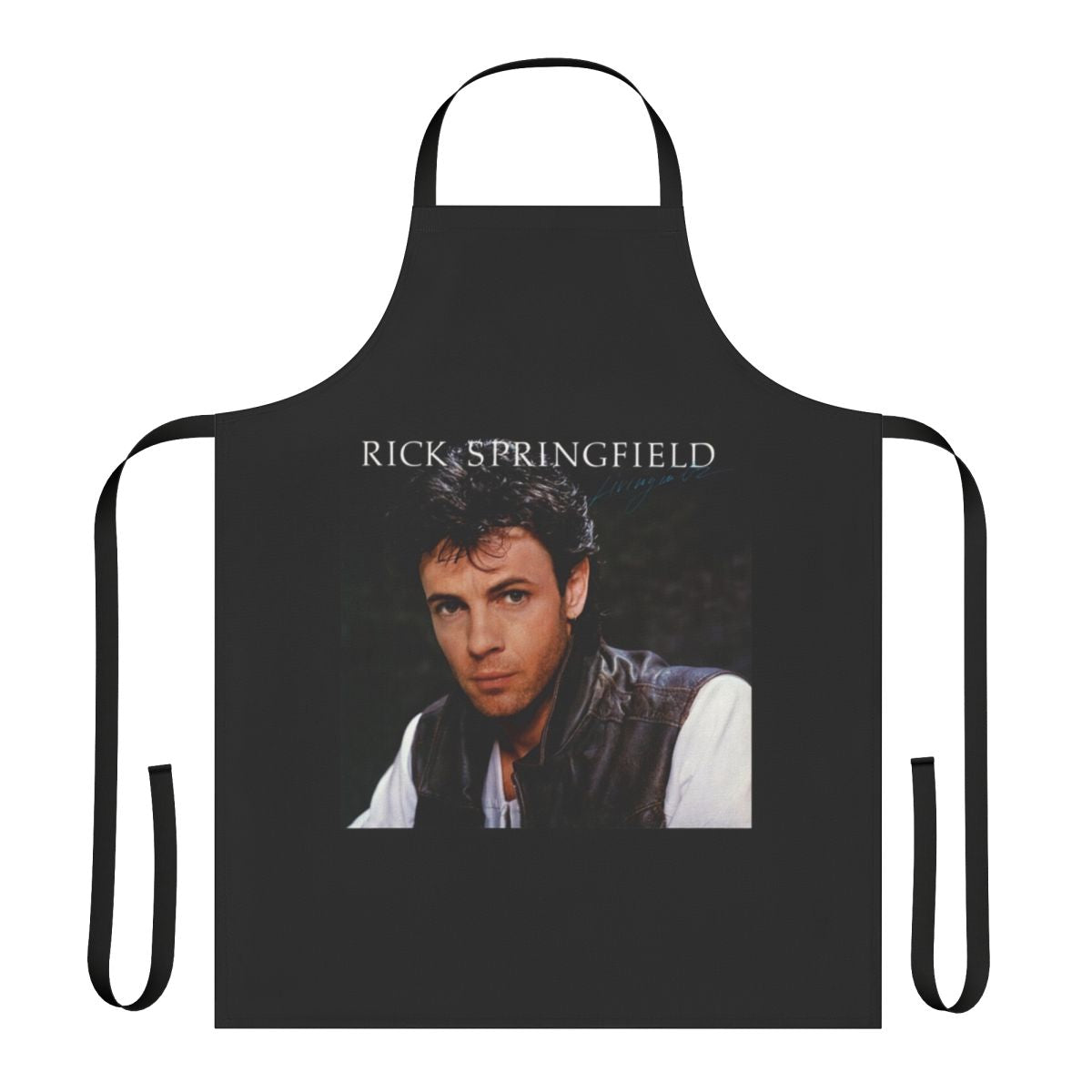 Retro rock music apron featuring images and text inspired by Rick Springfield album covers