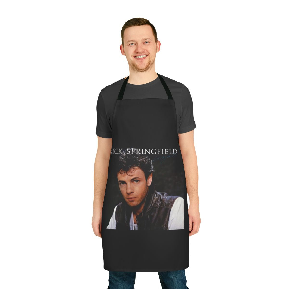 Retro rock music apron featuring images and text inspired by Rick Springfield album covers