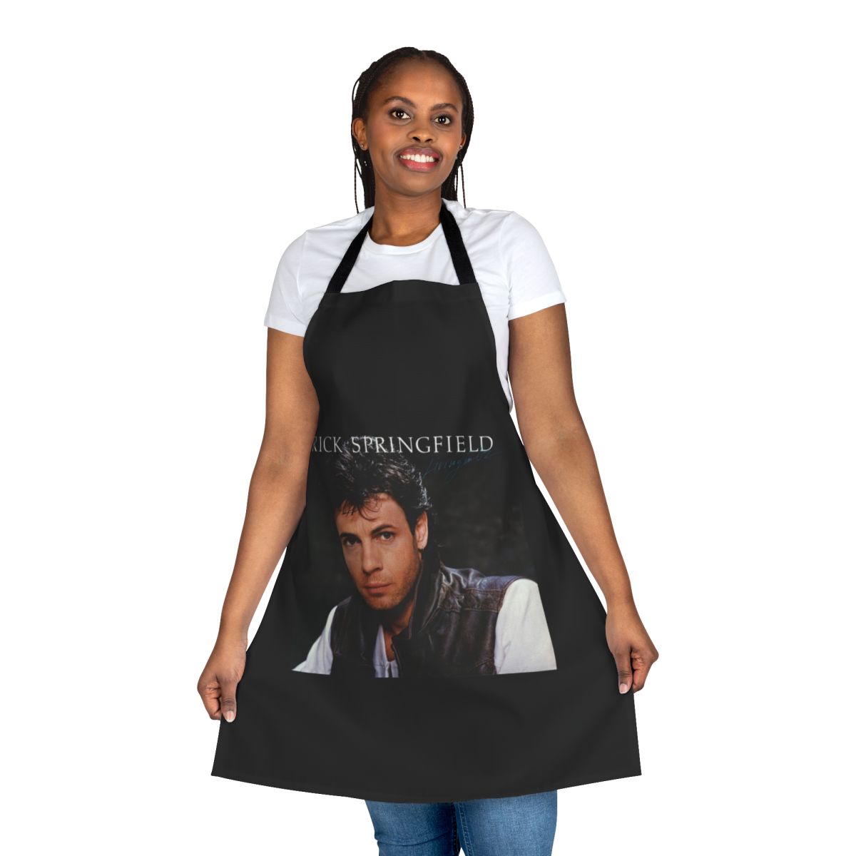 Retro rock music apron featuring images and text inspired by Rick Springfield album covers