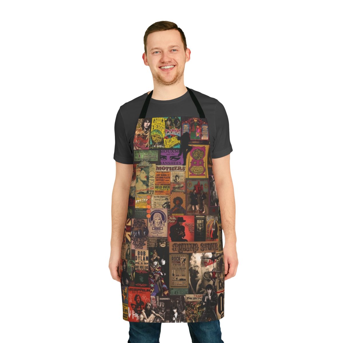Colorful retro-style apron featuring rock n roll legends