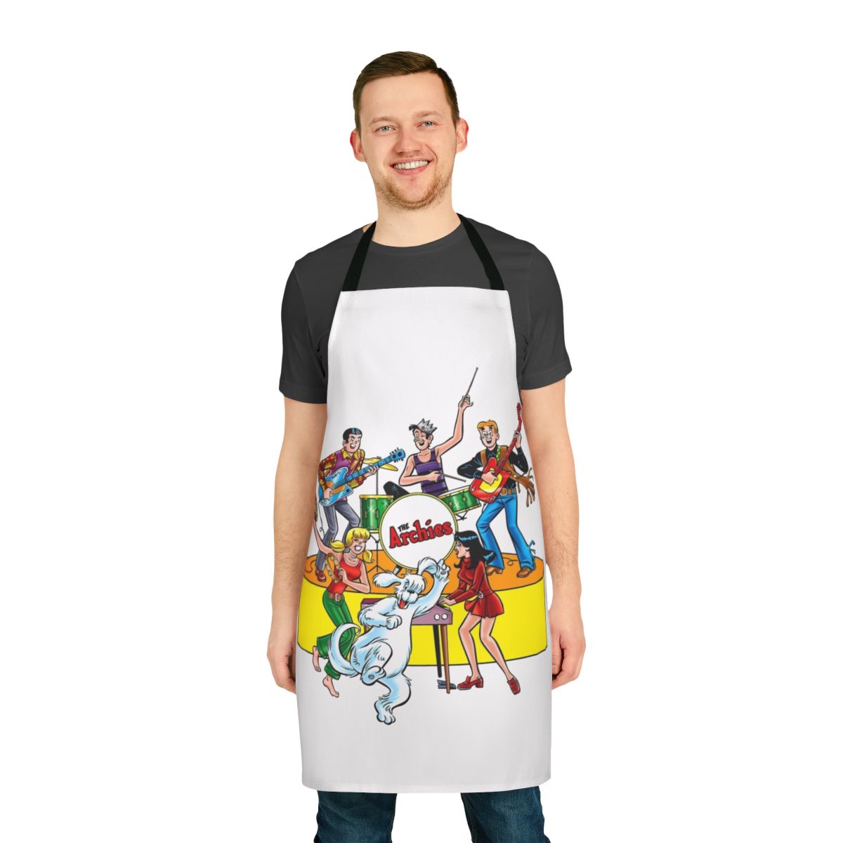 Colorful illustration of the 1970s cartoon band The Archies on a high-quality, durable novelty apron