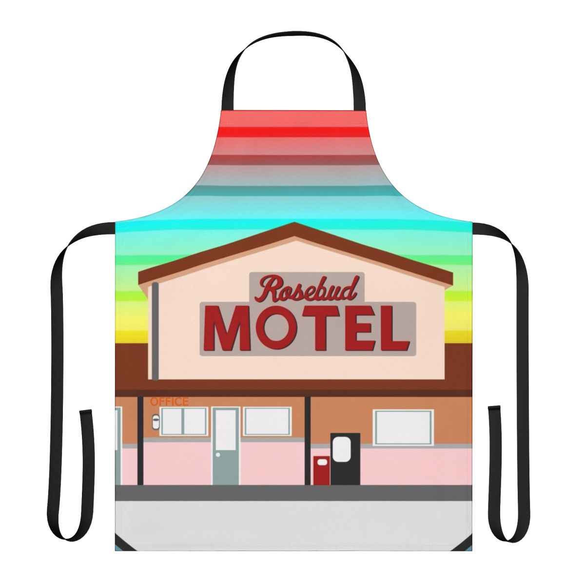 Schitt's Creek-inspired kitchen apron featuring the Rosebud Motel logo