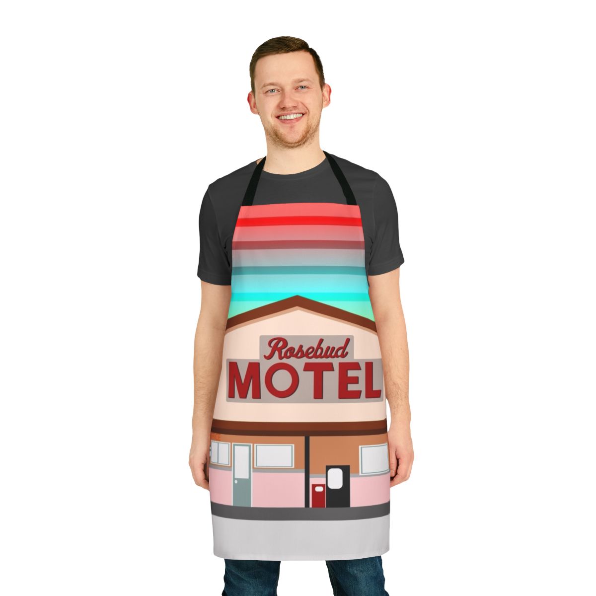 Schitt's Creek-inspired kitchen apron featuring the Rosebud Motel logo
