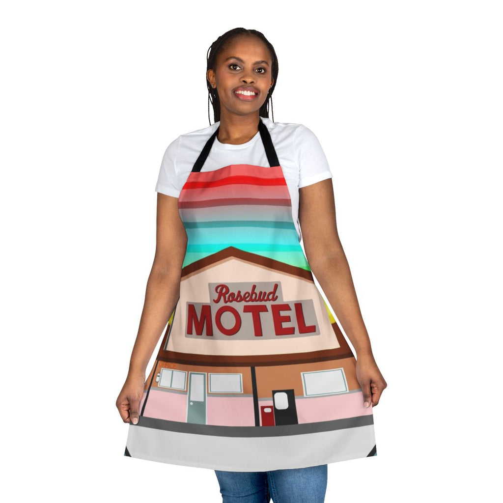 Schitt's Creek-inspired kitchen apron featuring the Rosebud Motel logo