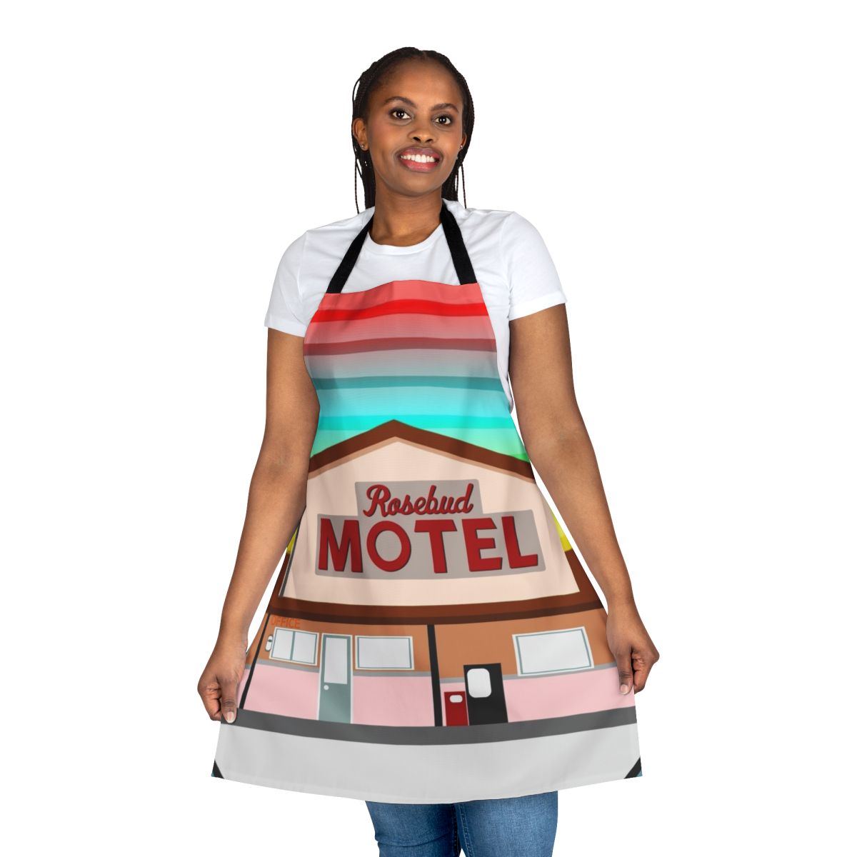 Schitt's Creek-inspired kitchen apron featuring the Rosebud Motel logo