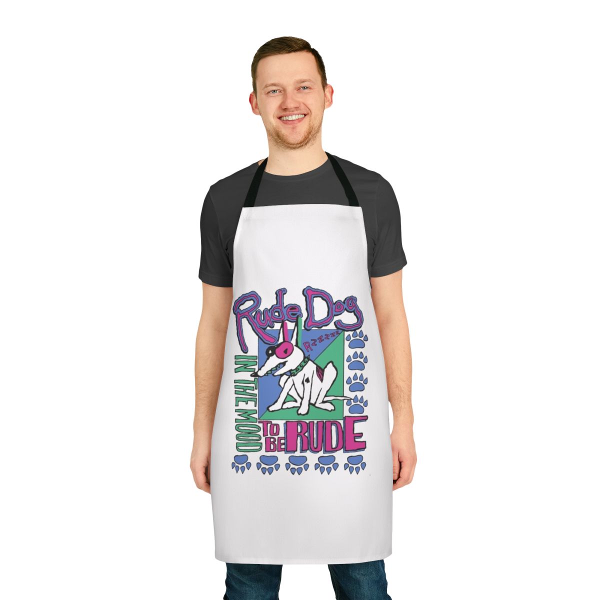 Retro rude inspired apron with 80s 90s cartoon design