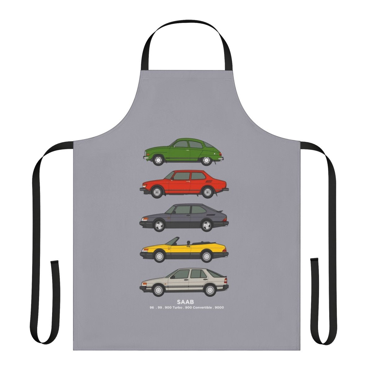 Vintage Saab car outline illustration printed on a high-quality cooking apron.
