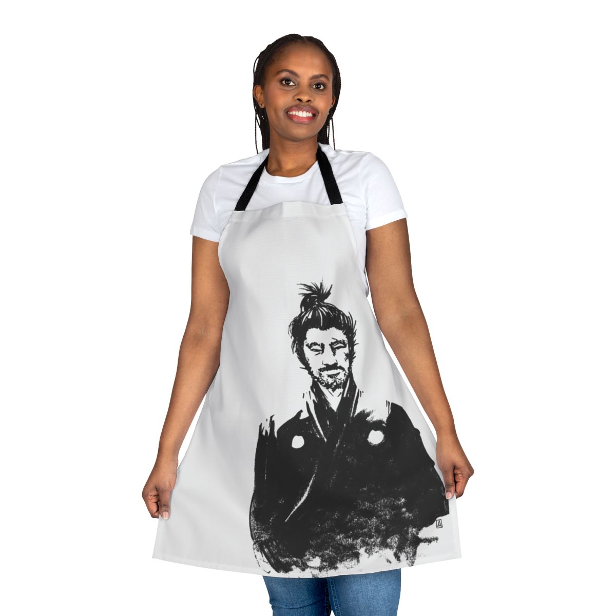 Retro samurai inspired apron featuring a portrait of Toshiro Mifune as Yojimbo