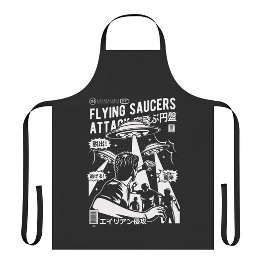 Apron featuring a vintage cartoon-style UFO and saucer man invasion scene