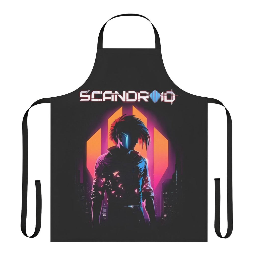 Scandroid-inspired apron with robot skull and light/dark aesthetic