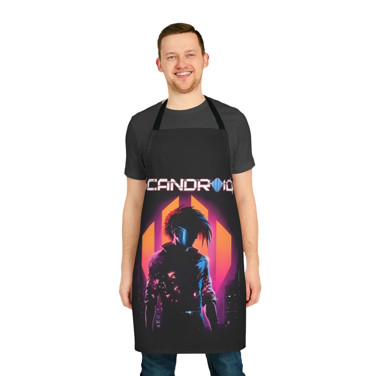 Scandroid-inspired apron with robot skull and light/dark aesthetic