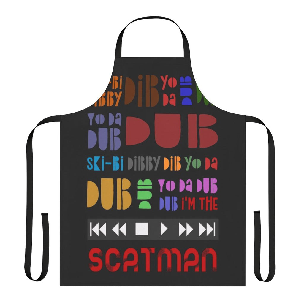 A colorful apron featuring the iconic Scatman John lyrics from the 90s hit song.