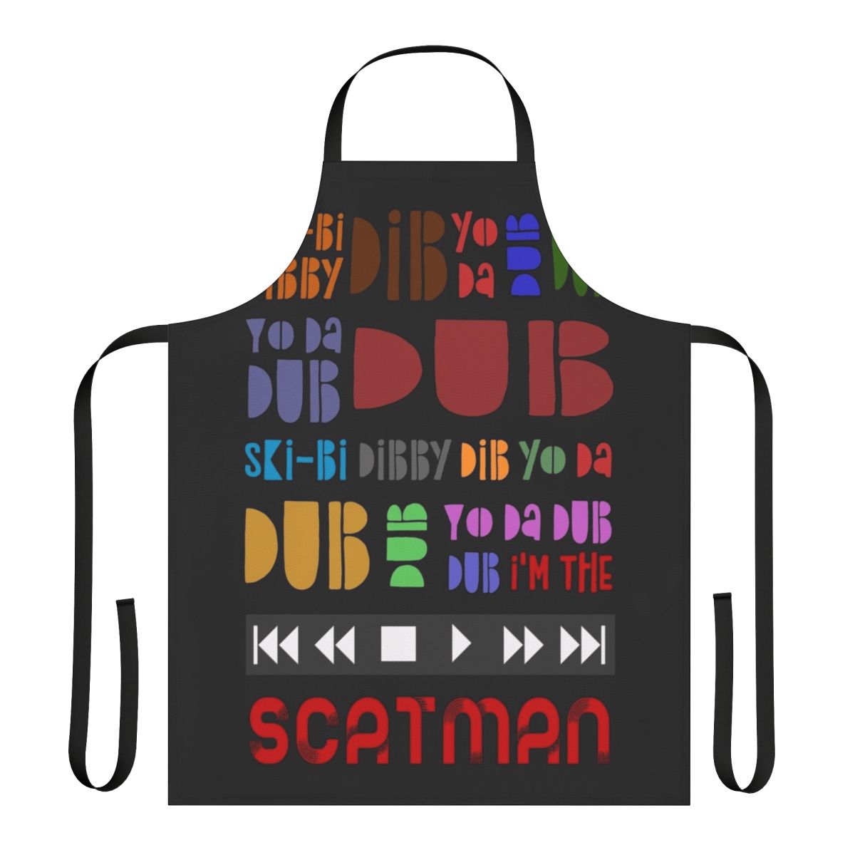 A colorful apron featuring the iconic Scatman John lyrics from the 90s hit song.